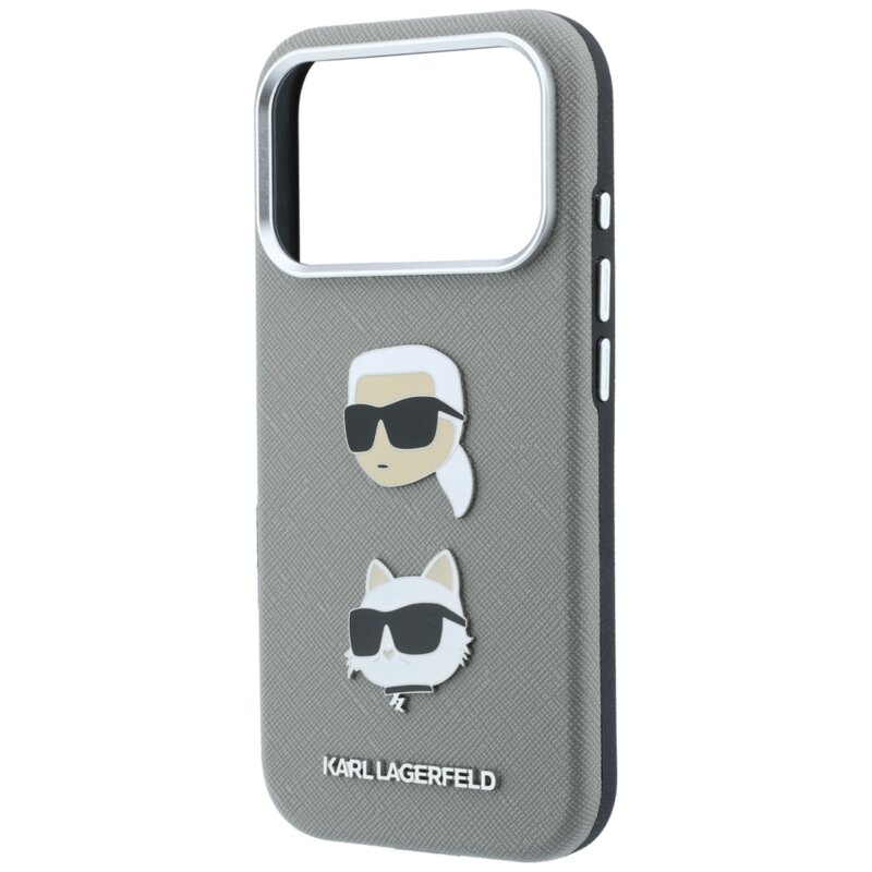 Husa originala iPhone 18 Pro Karl Lagerfeld Saffiano with K&C Heads Pins and Logo, gri, KLHCP18LPSWFDHPG