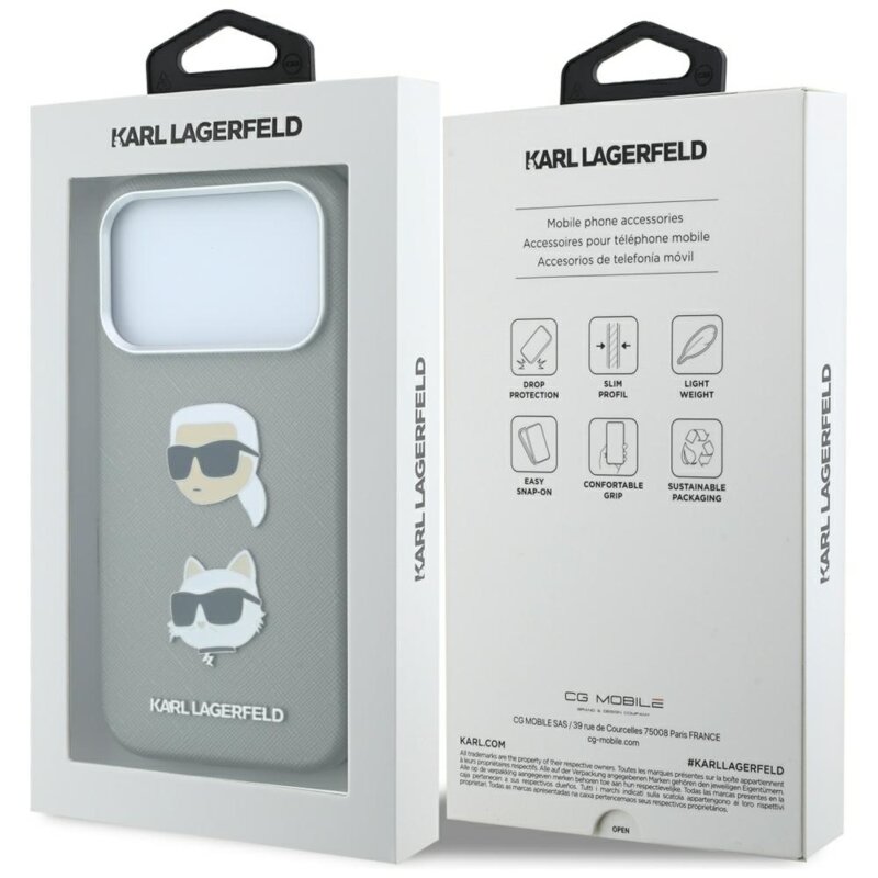 Husa originala iPhone 18 Pro Karl Lagerfeld Saffiano with K&C Heads Pins and Logo, gri, KLHCP18LPSWFDHPG