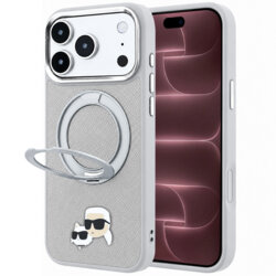 Husa iPhone 18 Pro Max Karl Lagerfeld Leather Ring Stand 360 KC Pin MagSafe, gri, KLHMP18XPSRSKCHG