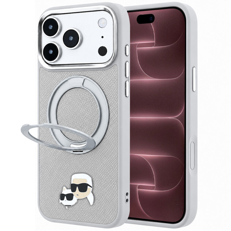 Husa iPhone 18 Pro Max Karl Lagerfeld Leather Ring Stand 360 KC Pin MagSafe, gri, KLHMP18XPSRSKCHG
