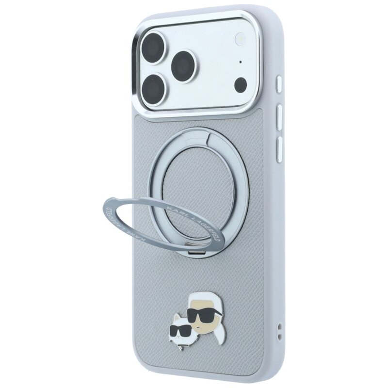 Husa iPhone 18 Pro Max Karl Lagerfeld Leather Ring Stand 360 KC Pin MagSafe, gri, KLHMP18XPSRSKCHG