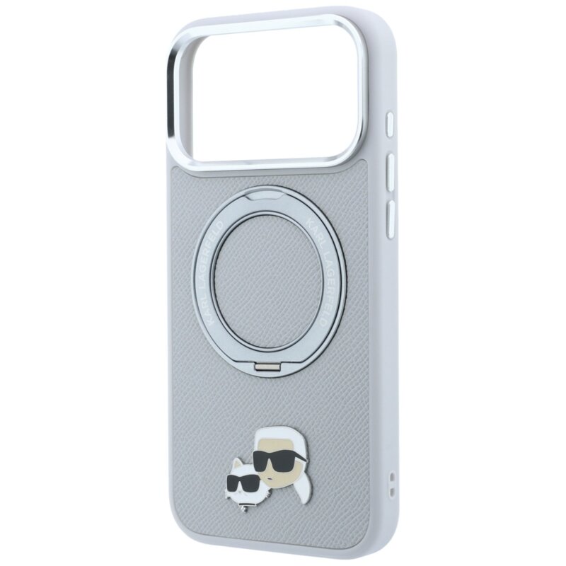 Husa iPhone 18 Pro Max Karl Lagerfeld Leather Ring Stand 360 KC Pin MagSafe, gri, KLHMP18XPSRSKCHG