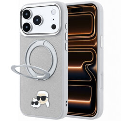 Husa iPhone 17 Pro Max Karl Lagerfeld Leather Ring Stand 360 KC Pin MagSafe, gri, KLHMP18XPSRSKCHG