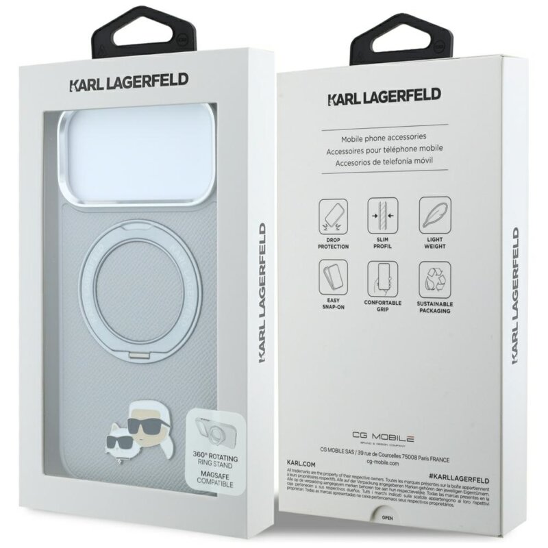 Husa iPhone 17 Pro Max Karl Lagerfeld Leather Ring Stand 360 KC Pin MagSafe, gri, KLHMP18XPSRSKCHG