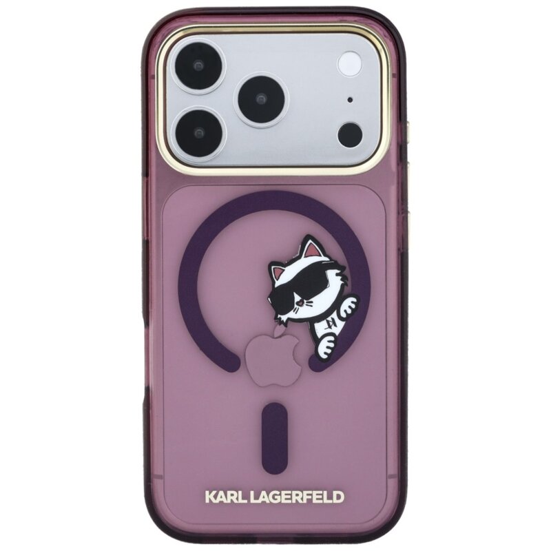 Husa iPhone 18 Pro Karl Lagerfeld IML Peekaboo Print Metal Frame MagSafe, bordo, KLHMP18L6HCPSCR