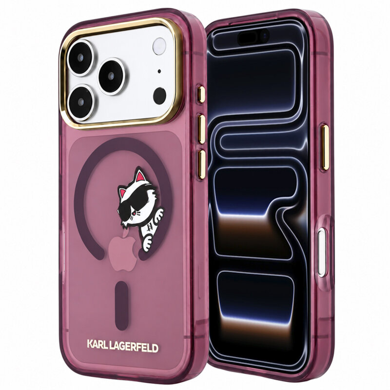 Husa iPhone 17 Pro Karl Lagerfeld IML Peekaboo Print Metal Frame MagSafe, bordo, KLHMP18L6HCPSCR