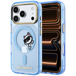 Husa iPhone 17 Pro Max Karl Lagerfeld IML Peekaboo Print Metal Frame MagSafe, bleu, KLHMP18X6HCPSCB