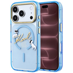 Husa iPhone 18 Pro Max Karl Lagerfeld IML Choupette and Karl Script Logo MagSafe, bleu, KLHMP18X5HKSCAL