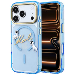 Husa iPhone 17 Pro Max Karl Lagerfeld IML Choupette and Karl Script Logo MagSafe, bleu, KLHMP18X5HKSCAL