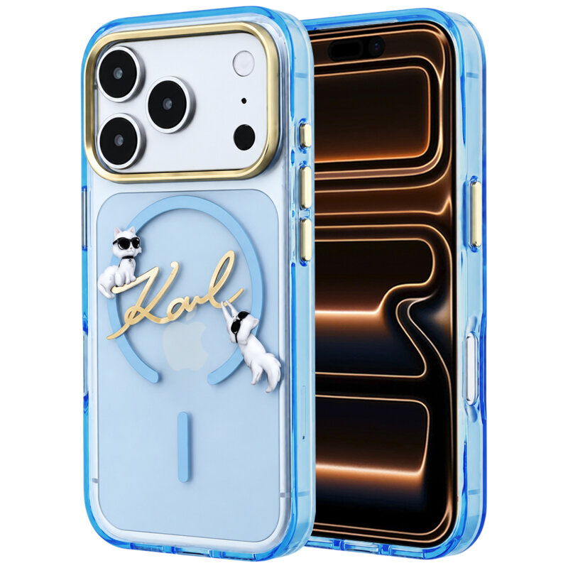 Husa iPhone 17 Pro Max Karl Lagerfeld IML Choupette and Karl Script Logo MagSafe, bleu, KLHMP18X5HKSCAL