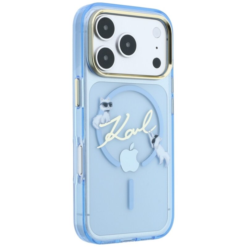 Husa iPhone 17 Pro Max Karl Lagerfeld IML Choupette and Karl Script Logo MagSafe, bleu, KLHMP18X5HKSCAL