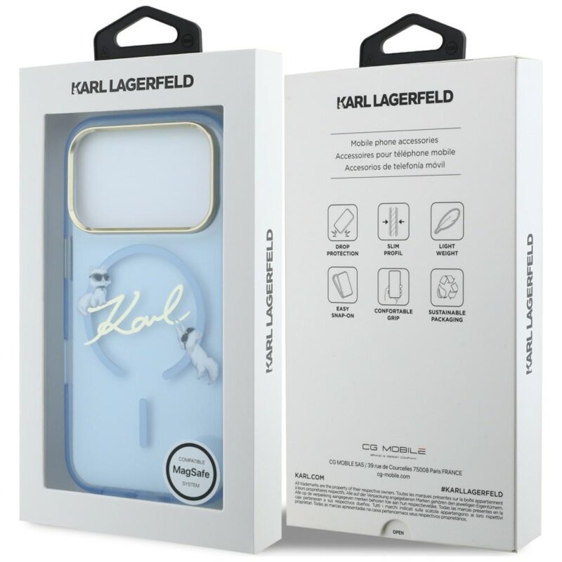 Husa iPhone 17 Pro Max Karl Lagerfeld IML Choupette and Karl Script Logo MagSafe, bleu, KLHMP18X5HKSCAL
