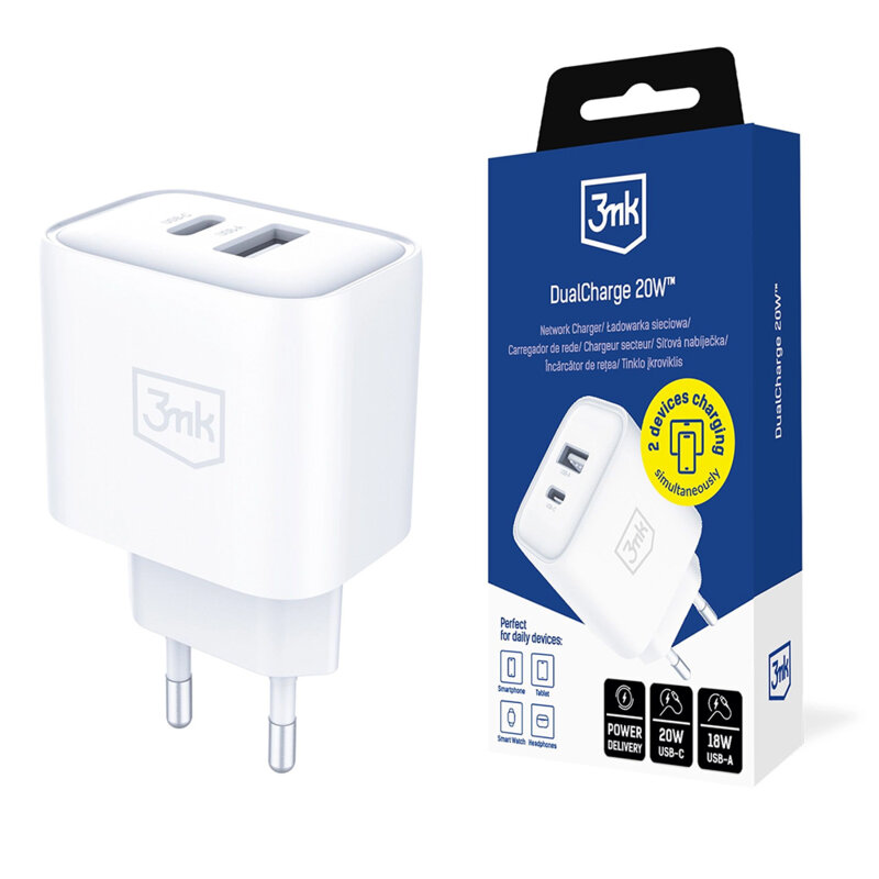 Incarcator priza USB, Type-C PD3.0 3mk DualCharge, 20W, alb