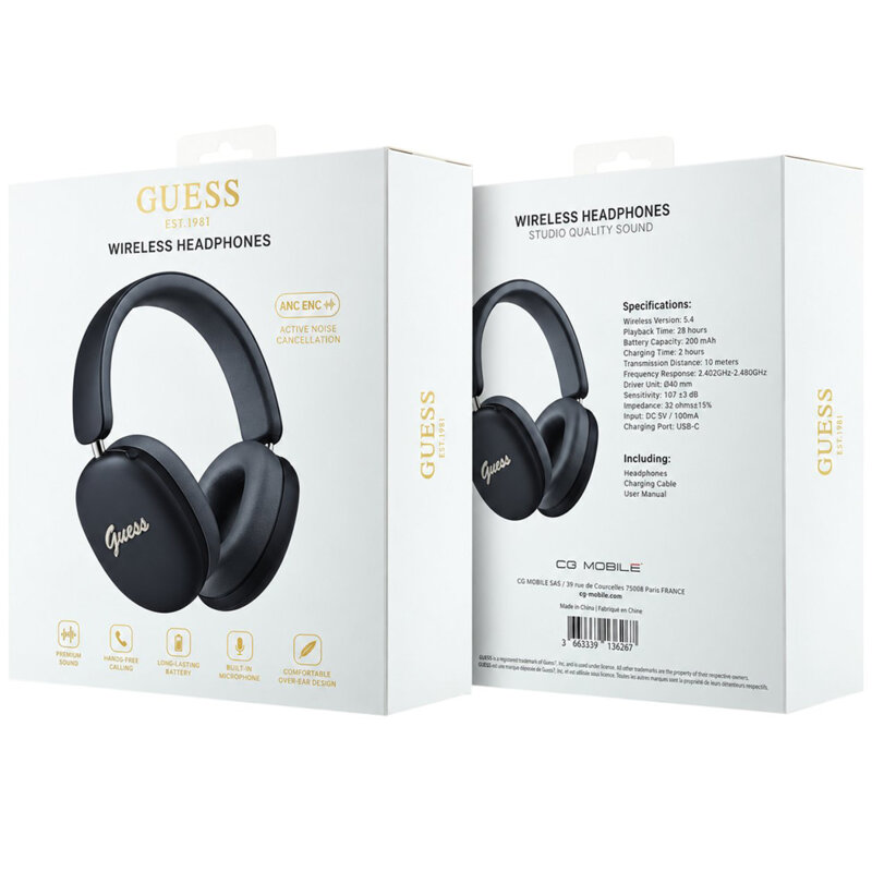 Casti wireless Bluetooth, ENC Guess, negru, GUBHP10HMBSK