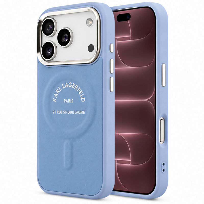 Husa iPhone 18 Pro Max Karl Lagerfeld Leather Embossed Open Ring Karl RSG Logo MagSafe, albastru, KLHMP18XPSKRSGEB
