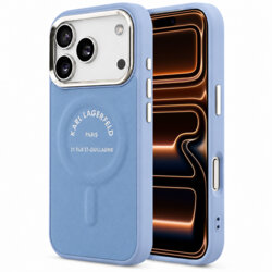 Husa iPhone 17 Pro Max Karl Lagerfeld Leather Embossed Open Ring Karl RSG Logo MagSafe, albastru, KLHMP18XPSKRSGEB