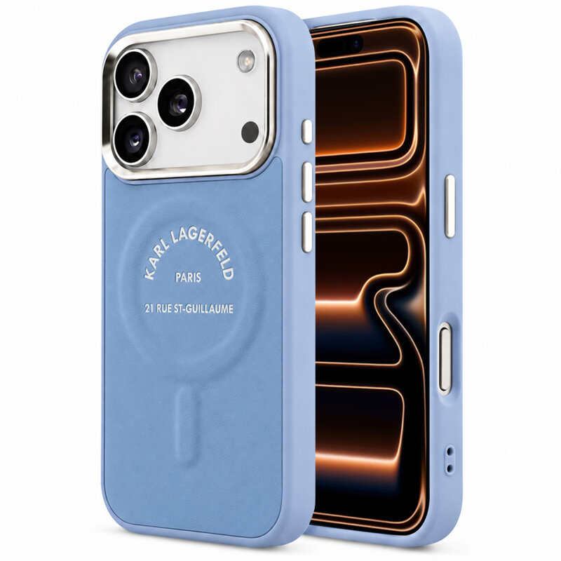 Husa iPhone 17 Pro Max Karl Lagerfeld Leather Embossed Open Ring Karl RSG Logo MagSafe, albastru, KLHMP18XPSKRSGEB