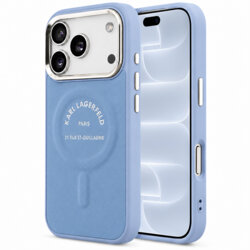 Husa iPhone 18 Pro Karl Lagerfeld Leather Embossed Open Ring Karl RSG Logo MagSafe, albastru, KLHMP18LPSKRSGEB