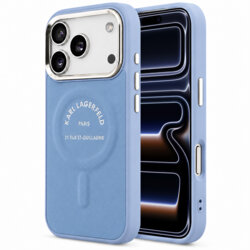 Husa iPhone 17 Pro Karl Lagerfeld Leather Embossed Open Ring Karl RSG Logo MagSafe, albastru, KLHMP18LPSKRSGEB