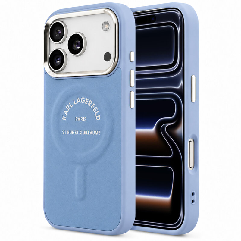 Husa iPhone 17 Pro Karl Lagerfeld Leather Embossed Open Ring Karl RSG Logo MagSafe, albastru, KLHMP18LPSKRSGEB