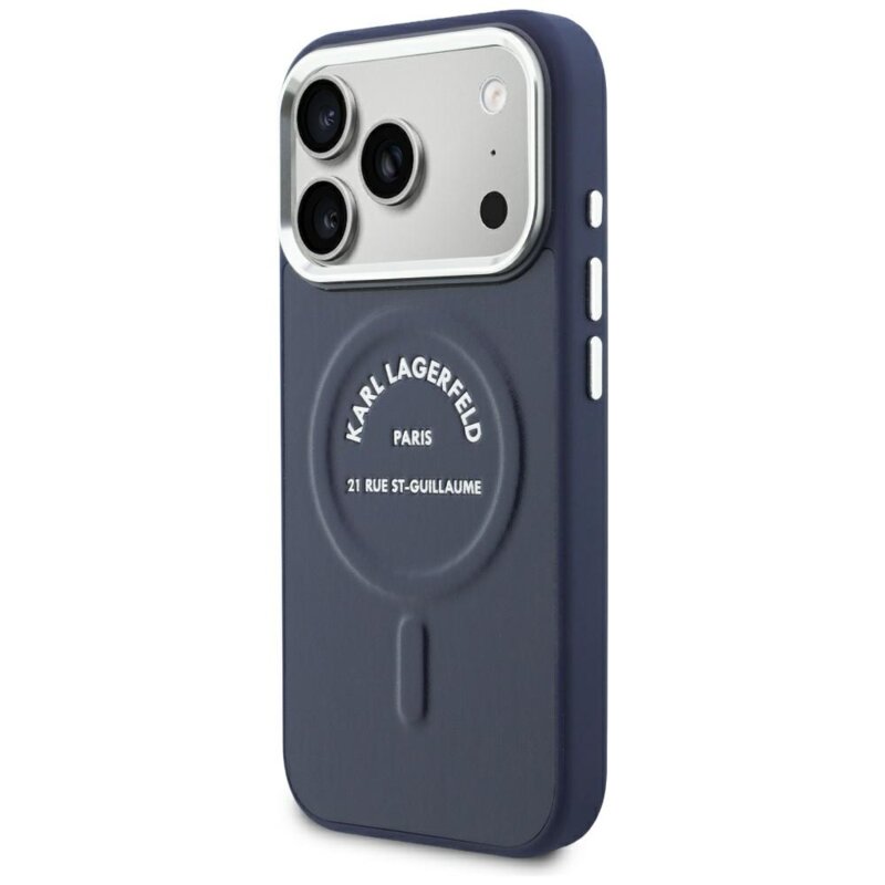 Husa iPhone 17 Pro Karl Lagerfeld Leather Embossed Open Ring Karl RSG Logo MagSafe, albastru, KLHMP18LPSKRSGEB