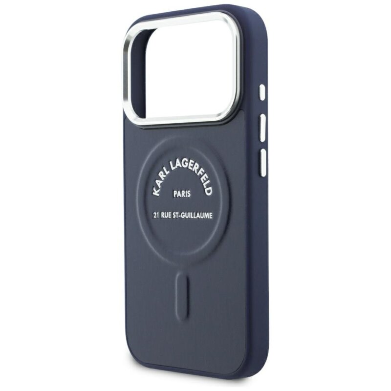 Husa iPhone 17 Pro Karl Lagerfeld Leather Embossed Open Ring Karl RSG Logo MagSafe, albastru, KLHMP18LPSKRSGEB