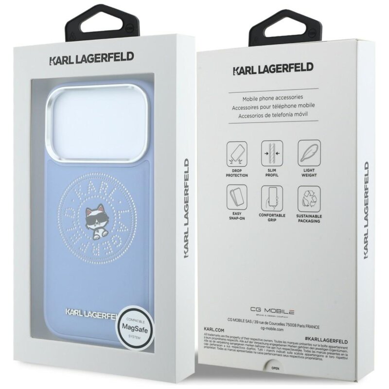 Husa iPhone 17 Pro Max Karl Lagerfeld Leather Point & C Sketch MagSafe, bleu, KLHMP18X6PCCPRB