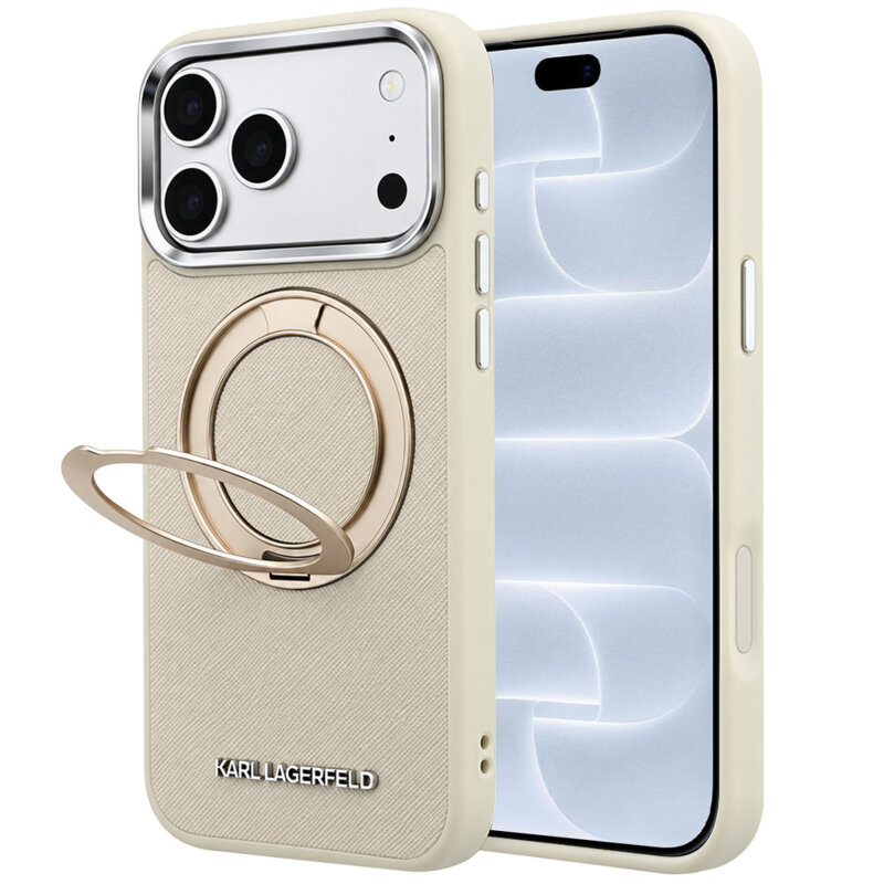 Husa iPhone 18 Pro Karl Lagerfeld Ring Stand 360 Saffiano MagSafe, bej, KLHMP18L6PSARSKME