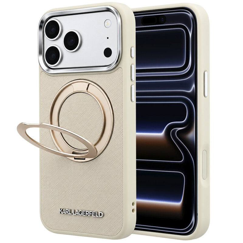 Husa iPhone 17 Pro Karl Lagerfeld Ring Stand 360 Saffiano MagSafe, bej, KLHMP18L6PSARSKME