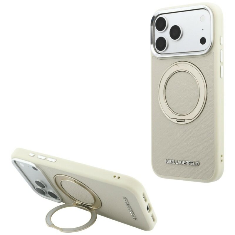 Husa iPhone 17 Pro Karl Lagerfeld Ring Stand 360 Saffiano MagSafe, bej, KLHMP18L6PSARSKME