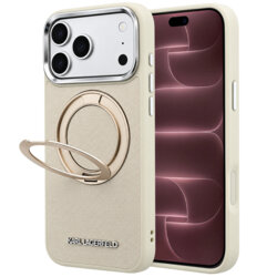 Husa originala iPhone 18 Pro Max Karl Lagerfeld Ring Stand 360 Saffiano MagSafe, bej, KLHMP18X6PSARSKME