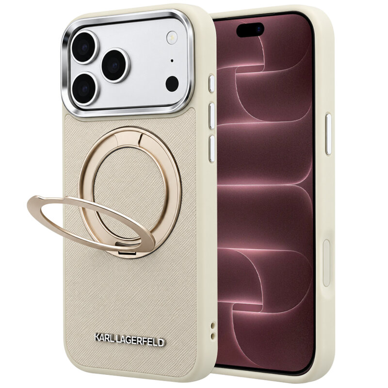 Husa originala iPhone 18 Pro Max Karl Lagerfeld Ring Stand 360 Saffiano MagSafe, bej, KLHMP18X6PSARSKME