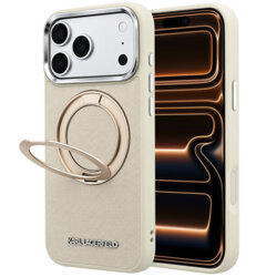 Husa originala iPhone 17 Pro Max Karl Lagerfeld Ring Stand 360 Saffiano MagSafe, bej, KLHMP18X6PSARSKME