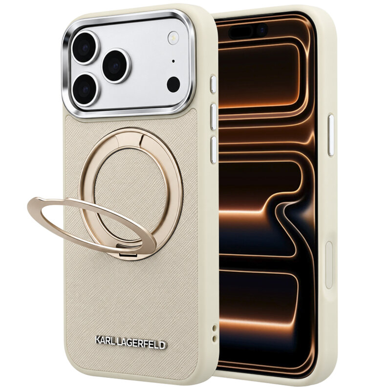 Husa originala iPhone 17 Pro Max Karl Lagerfeld Ring Stand 360 Saffiano MagSafe, bej, KLHMP18X6PSARSKME