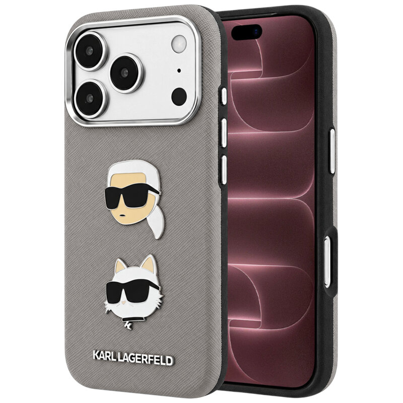 Husa originala iPhone 18 Pro Max Karl Lagerfeld Saffiano with K&C Heads Pins and Logo, gri, KLHCP18XPSWFDHPG