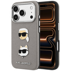 Husa originala iPhone 17 Pro Max Karl Lagerfeld Saffiano with K&C Heads Pins and Logo, gri, KLHCP18XPSWFDHPG