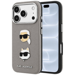 Husa originala iPhone 18 Pro Karl Lagerfeld Saffiano with K&C Heads Pins and Logo, gri, KLHCP18LPSWFDHPG