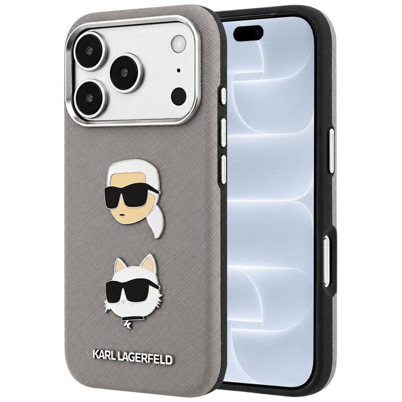 Husa originala iPhone 18 Pro Karl Lagerfeld Saffiano with K&C Heads Pins and Logo, gri, KLHCP18LPSWFDHPG