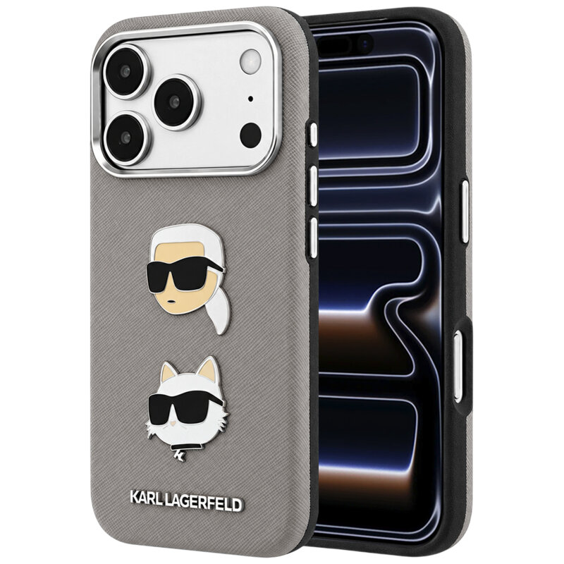 Husa originala iPhone 17 Pro Karl Lagerfeld Saffiano with K&C Heads Pins and Logo, gri, KLHCP18LPSWFDHPG