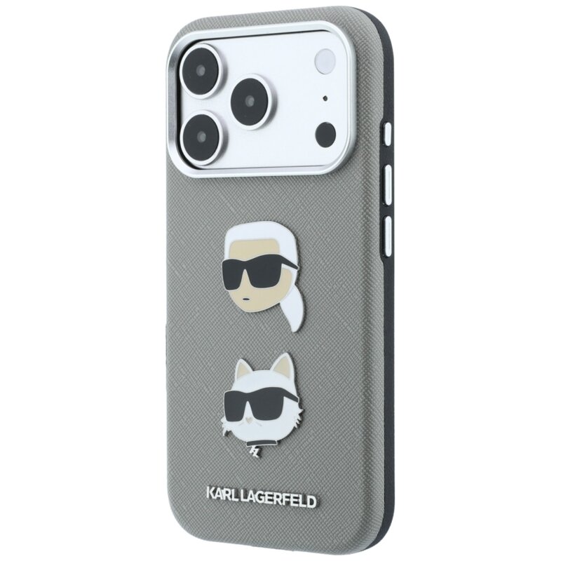 Husa originala iPhone 17 Pro Karl Lagerfeld Saffiano with K&C Heads Pins and Logo, gri, KLHCP18LPSWFDHPG