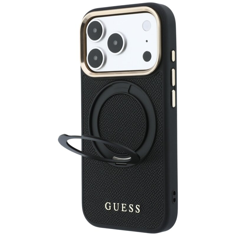Husa iPhone 17 Pro Max Guess Grained Leather Ring Stand 360 Classic MagSafe, negru, GUHMP18X6PSGRSCLK
