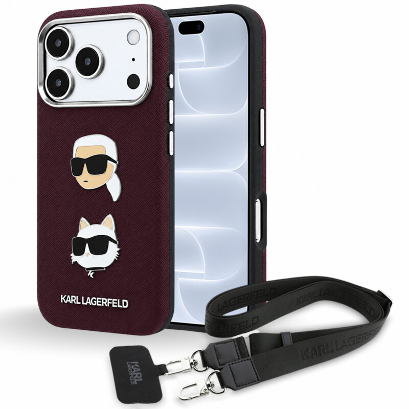 Husa iPhone 18 Pro Karl Lagerfeld Saffiano K&C Heads Pins Logo Crossbody, bordo, KLHCP18LPSWFDHPSR