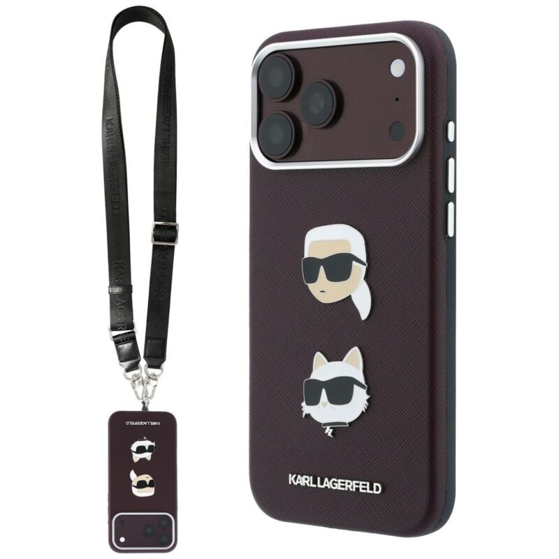 Husa iPhone 17 Pro Max Karl Lagerfeld Saffiano K&C Heads Pins Logo Crossbody, bordo, KLHCP18XPSWFDHPSR