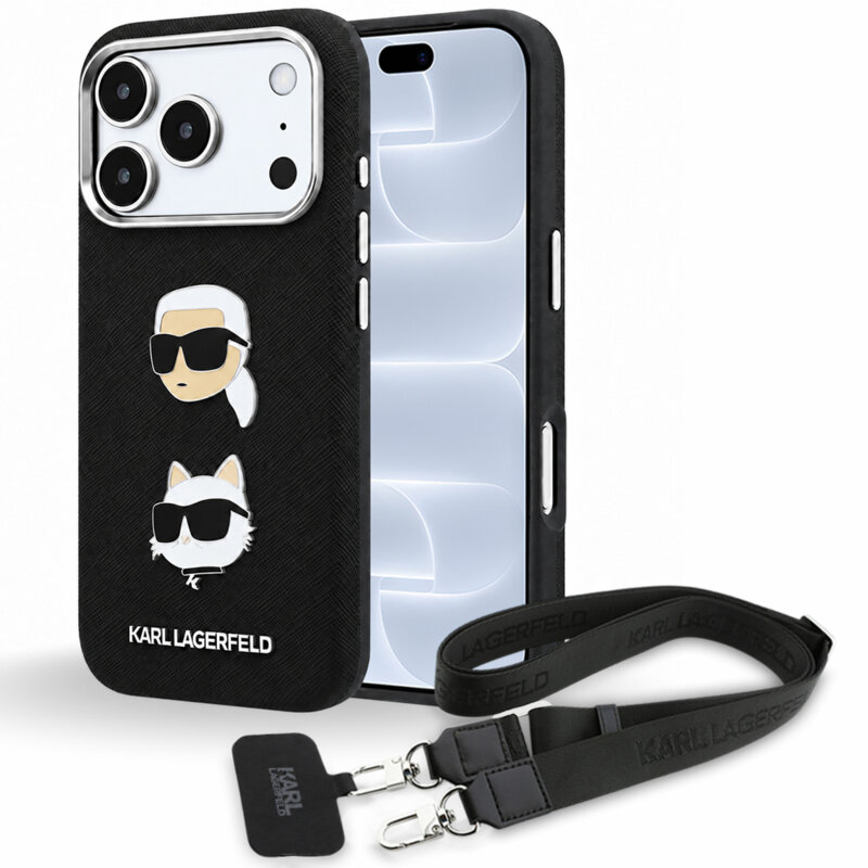 Husa iPhone 18 Pro Karl Lagerfeld Saffiano K&C Heads Pins Logo Crossbody, negru, KLHCP18LPSWFDHPSK