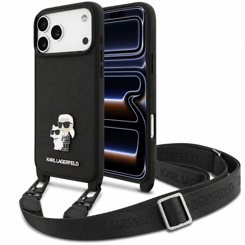 Husa iPhone 17 Pro Karl Lagerfeld Saffiano K&C Metal Pin Crossbody, negru, KLHCP18LSAKCPBK