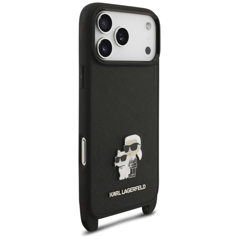 Husa iPhone 17 Pro Karl Lagerfeld Saffiano K&C Metal Pin Crossbody, negru, KLHCP18LSAKCPBK