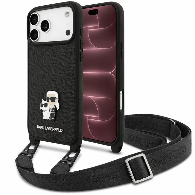 Husa iPhone 18 Pro Max Karl Lagerfeld Saffiano K&C Metal Pin Crossbody, negru, KLHCP18XSAKCPBK