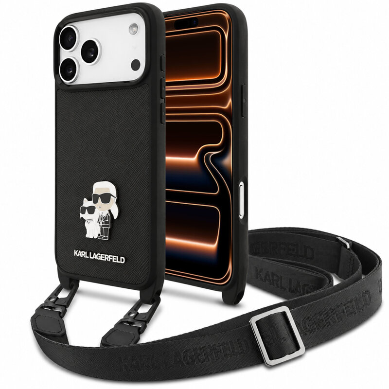 Husa iPhone 17 Pro Max Karl Lagerfeld Saffiano K&C Metal Pin Crossbody, negru, KLHCP18XSAKCPBK