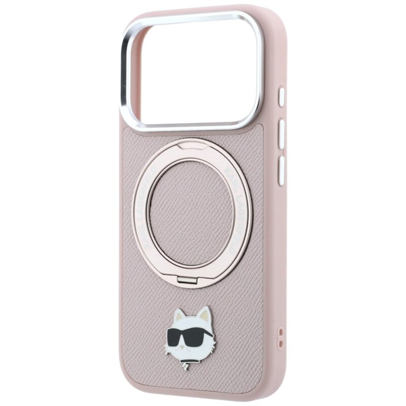 Husa iPhone 18 Pro Karl Lagerfeld Leather Ring Stand 360 C Pin MagSafe, roz, KLHMP18LPSRSCHHP
