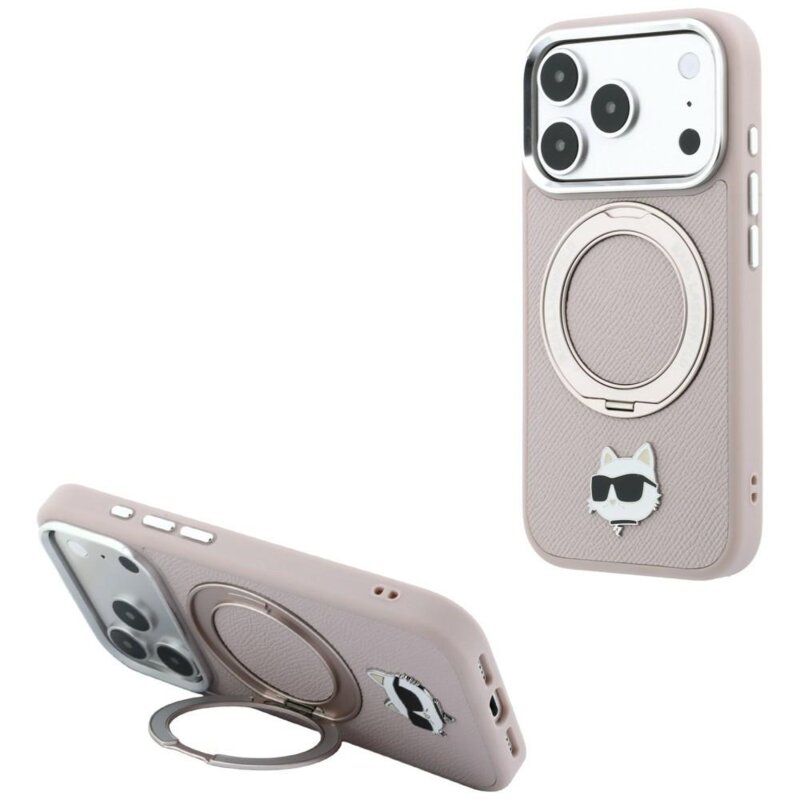Husa iPhone 18 Pro Max Karl Lagerfeld Leather Ring Stand 360 C Pin MagSafe, roz, KLHMP18XPSRSCHHP
